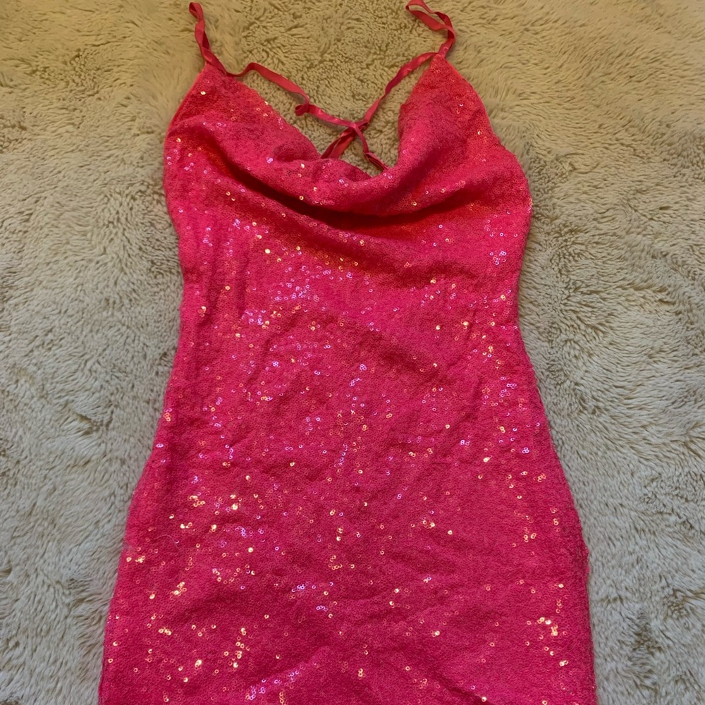 Hot Pink Cowl Neck Sequin Mini Dress